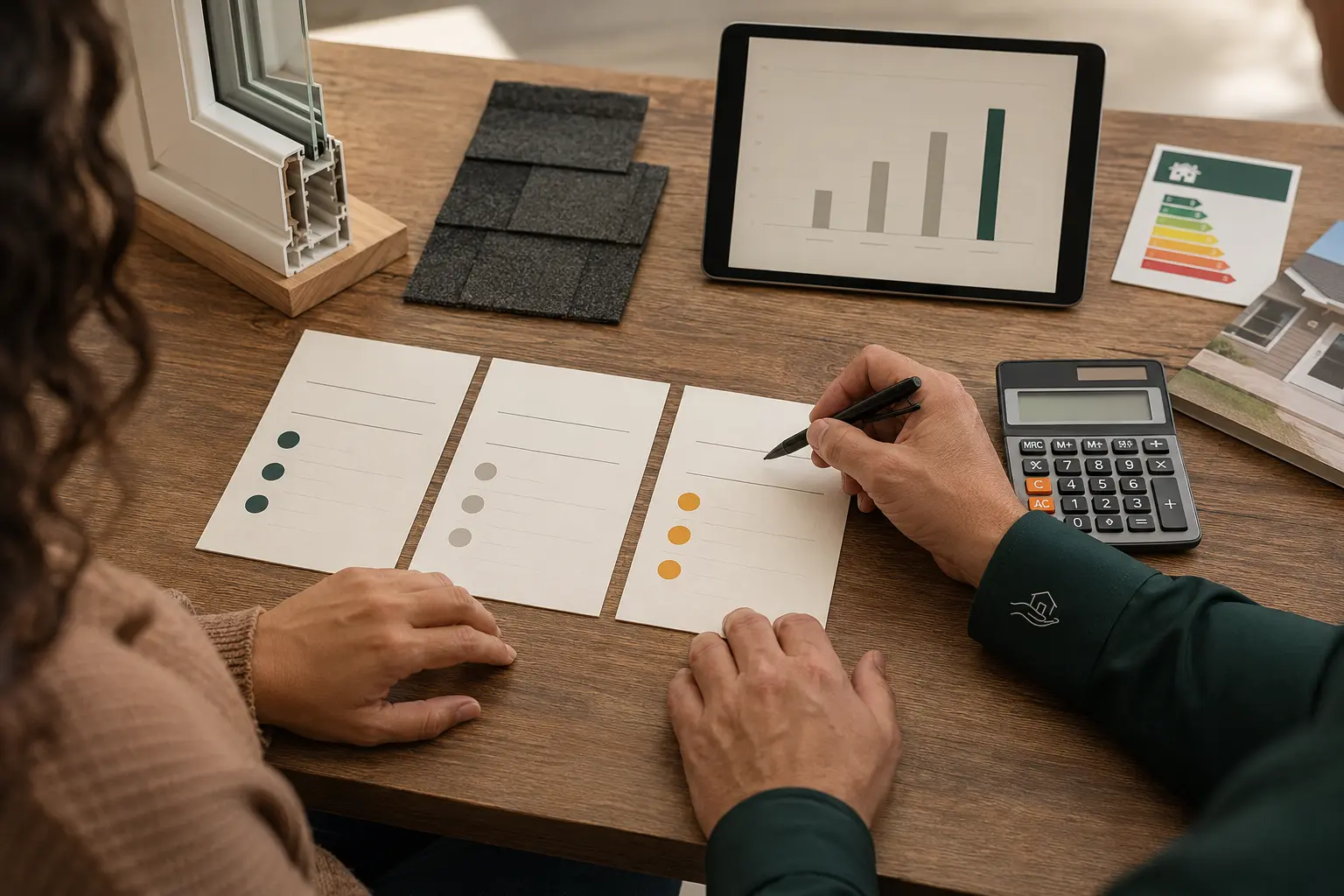 Reviewing material samples and monthly payment options with a Help Your Home California consultant